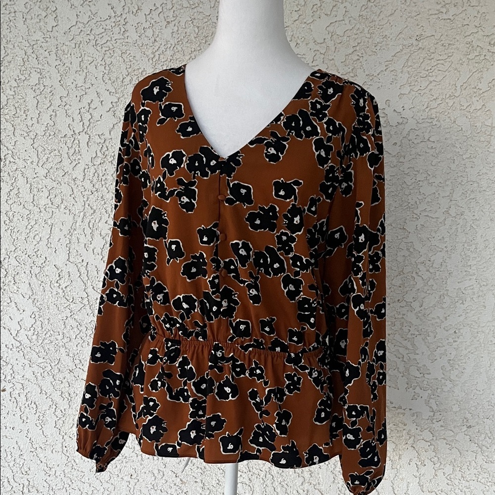 Nine West Brown Black Floral V-Neck Peplum Top size L